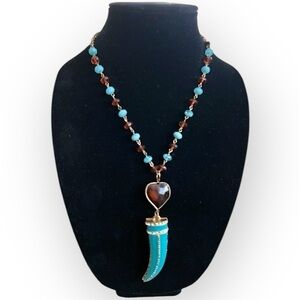 🔴 Boho enamel pendant chain necklace, turquoise&brown fashion statement,faux